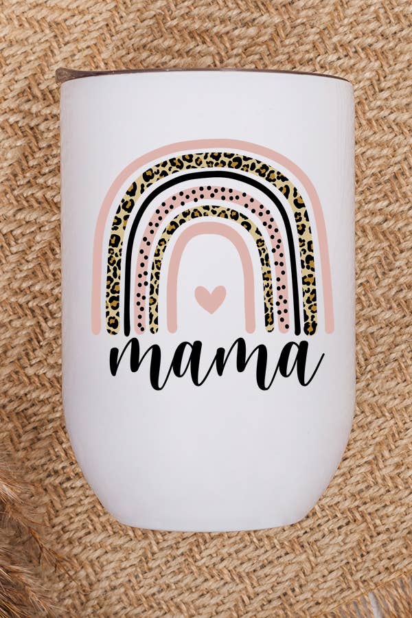 A stylish 12 oz stainless steel wine tumbler with a vibrant pink rainbow design, perfect for Mother's Day gifts.