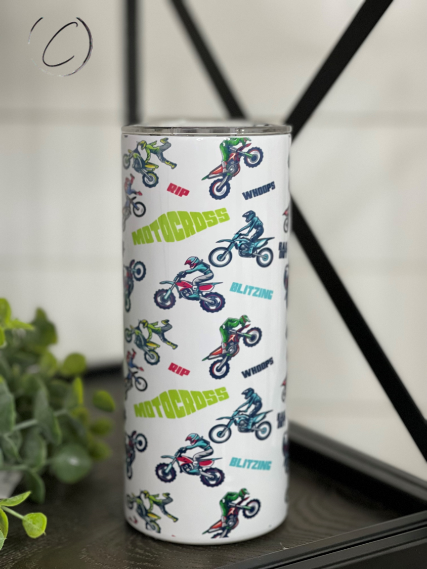 Motocross 15oz Kids Skinny Tumbler featuring vibrant motocross graphics and a reusable straw, perfect for young riders.