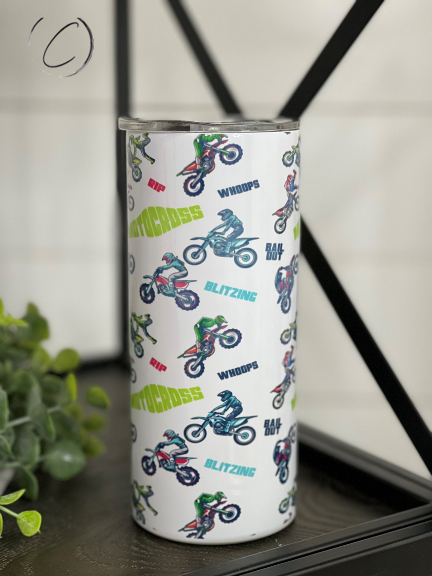 Motocross 15oz Kids Skinny Tumbler featuring vibrant motocross graphics and a reusable straw, perfect for young riders.