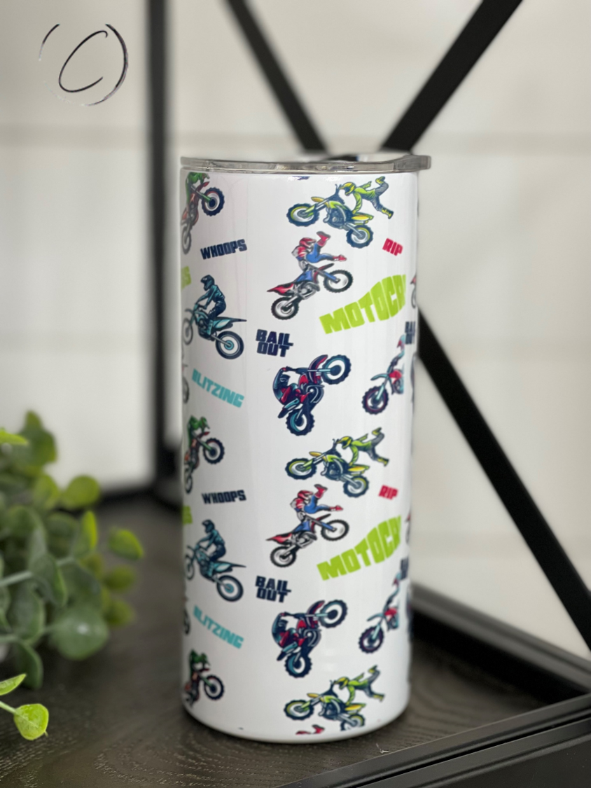 Motocross 15oz Kids Skinny Tumbler featuring vibrant motocross graphics and a reusable straw, perfect for young riders.