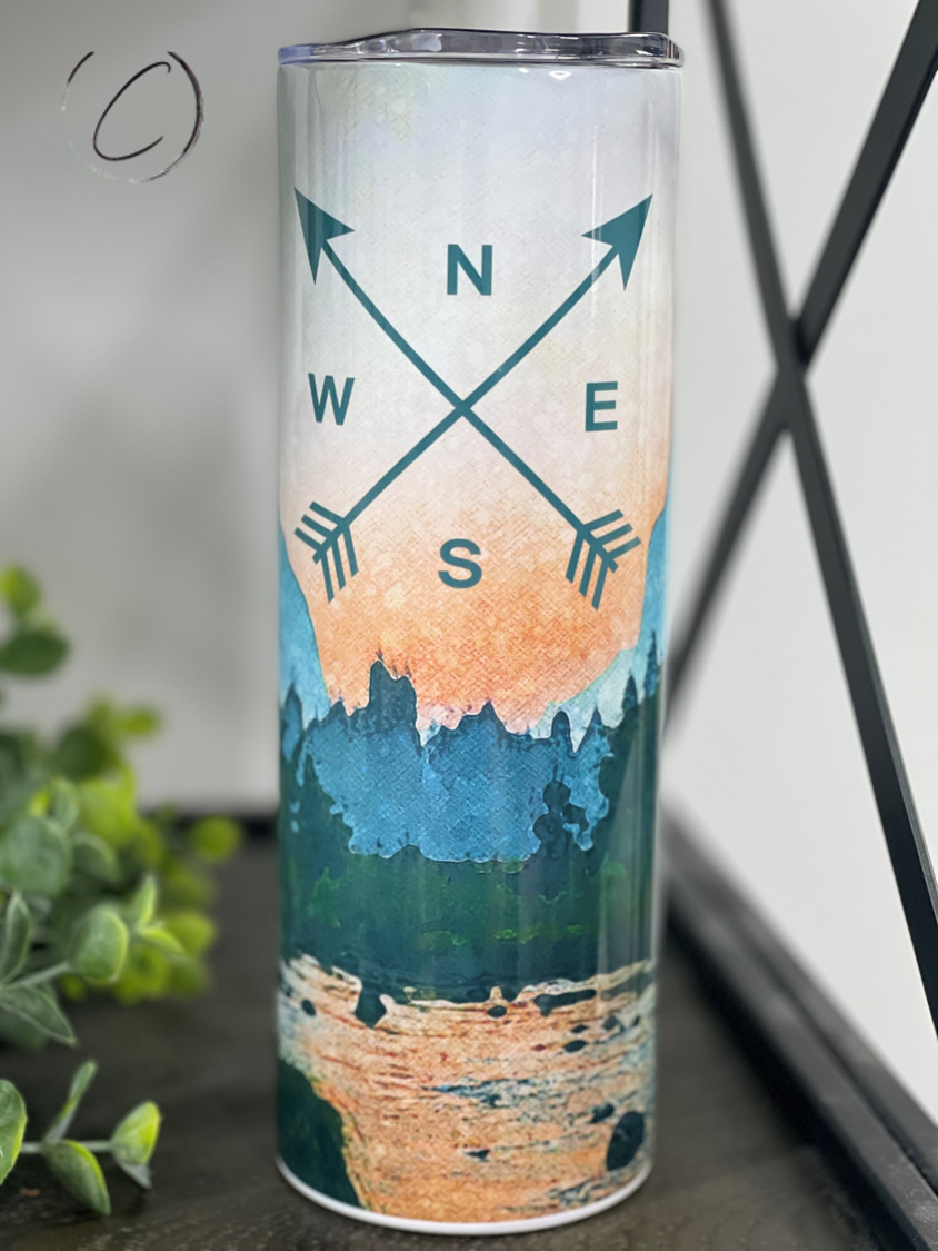 Mountain Compass 20oz Skinny Tumbler featuring a full wrap design, durable construction, and a reusable straw.