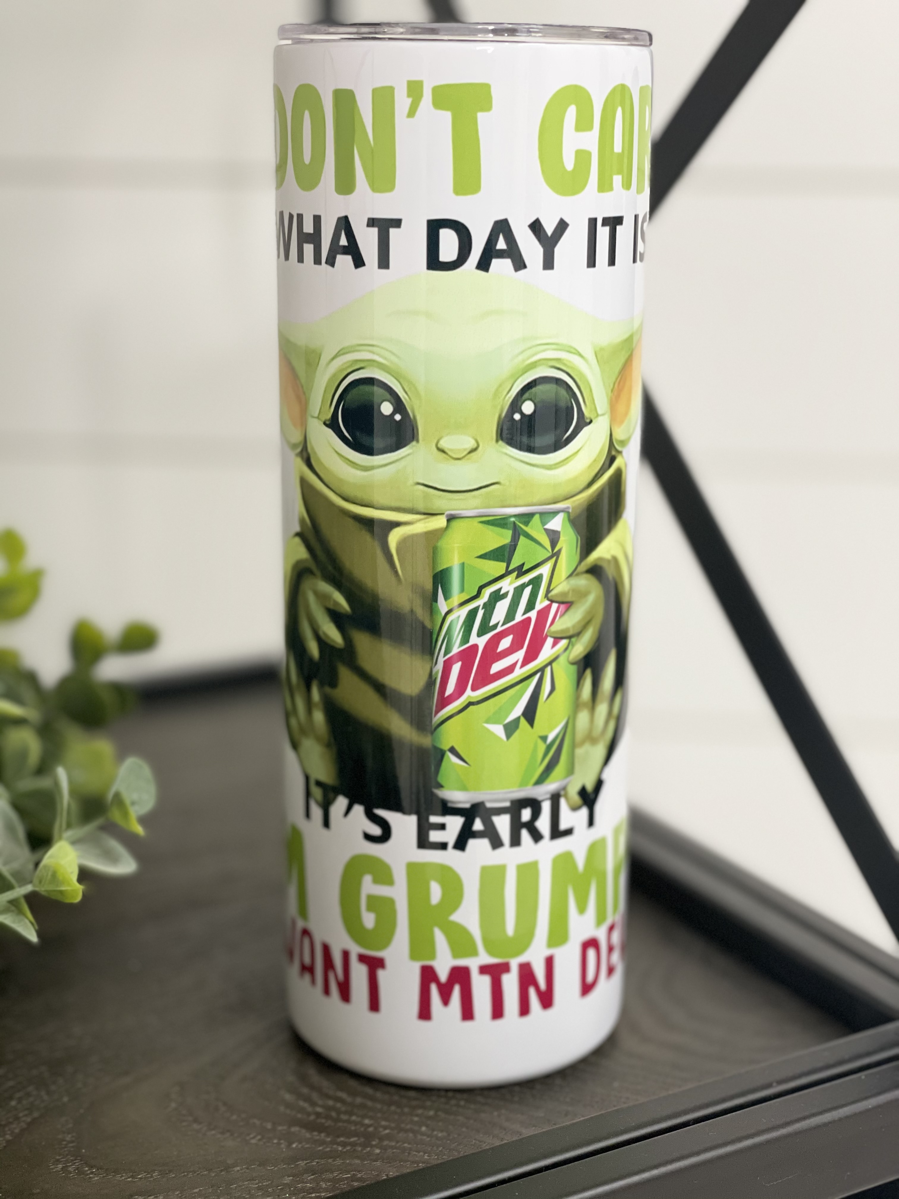 Mountain Dew Yoda 20oz Skinny Tumbler with vibrant design and reusable straw.