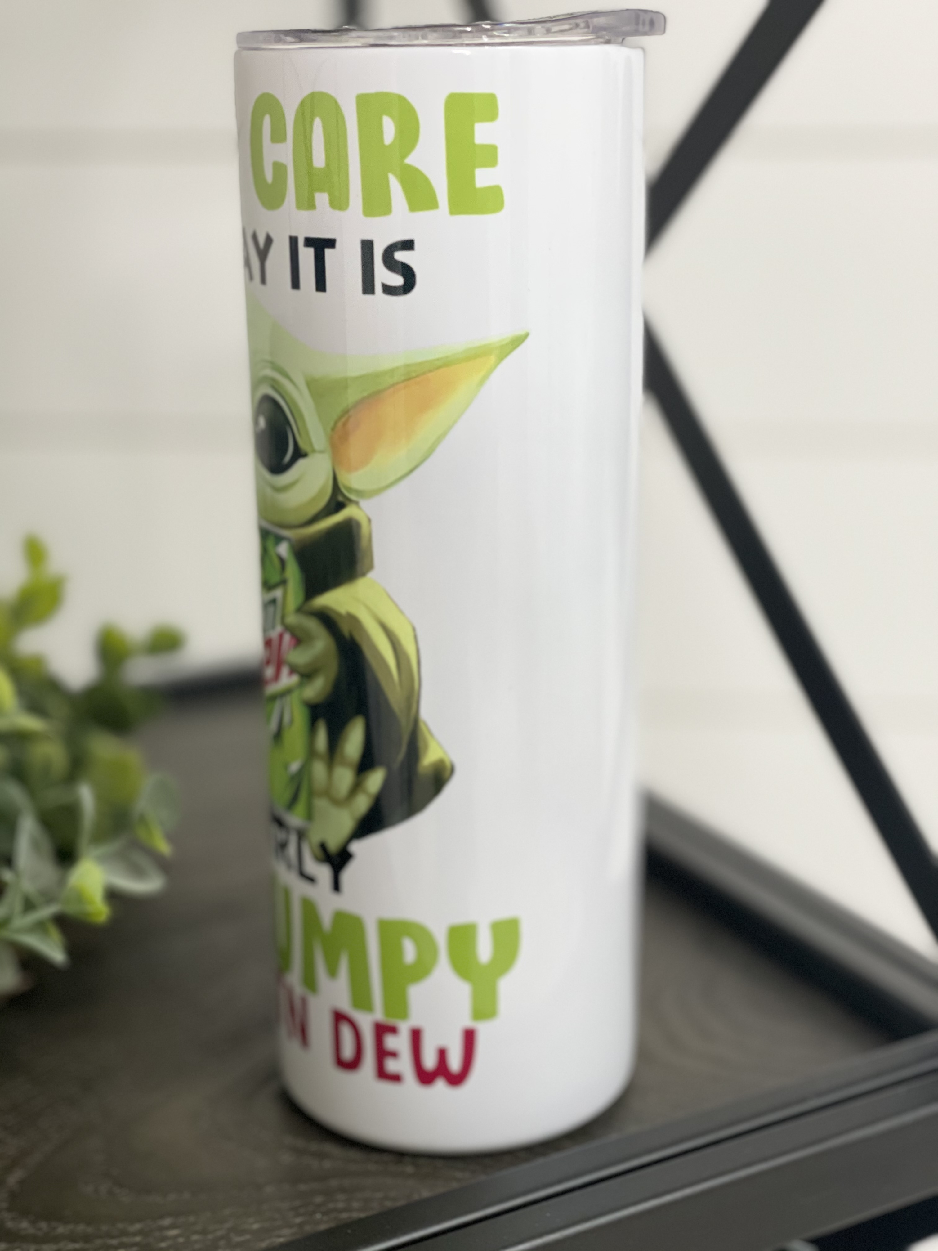 Mountain Dew Yoda 20oz Skinny Tumbler with vibrant design and reusable straw.