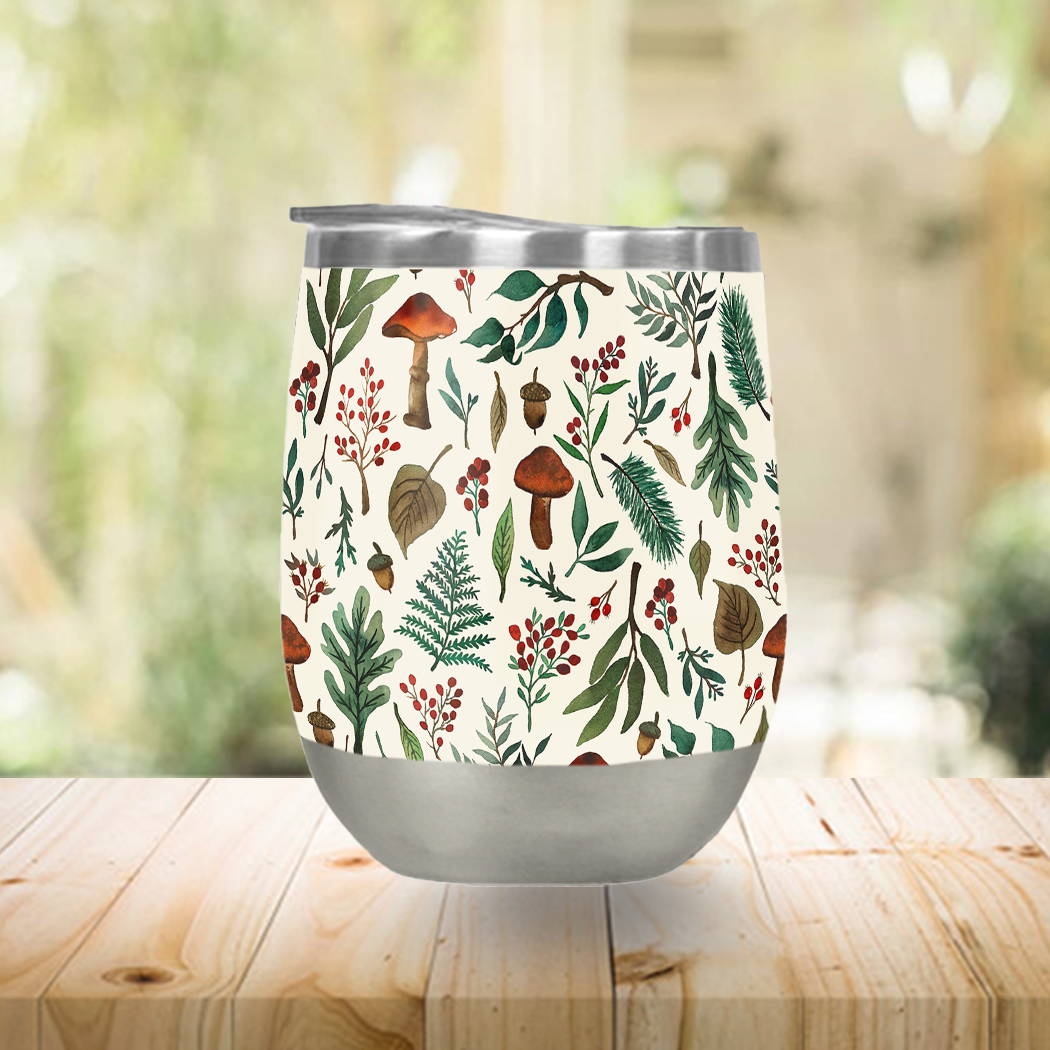 Mushroom Forest Stemless Wine Tumbler with double-wall insulation and a stylish design, perfect for outdoor use.