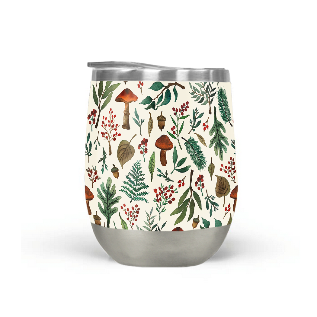 Mushroom Forest Stemless Wine Tumbler with double-wall insulation and a stylish design, perfect for outdoor use.