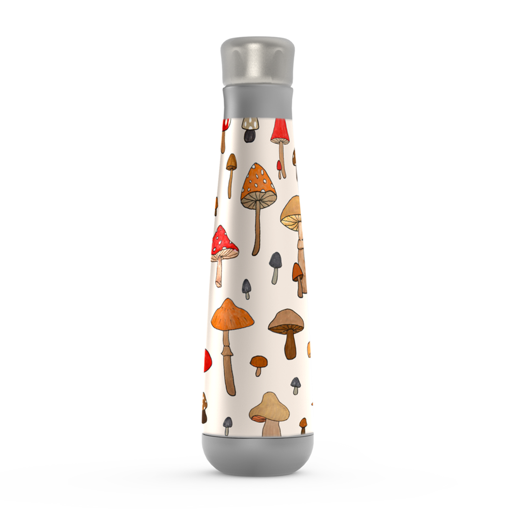 Mushroom Peristyle Water Bottle in stainless steel with a sleek design, showcasing its vacuum insulation and 16 oz capacity.