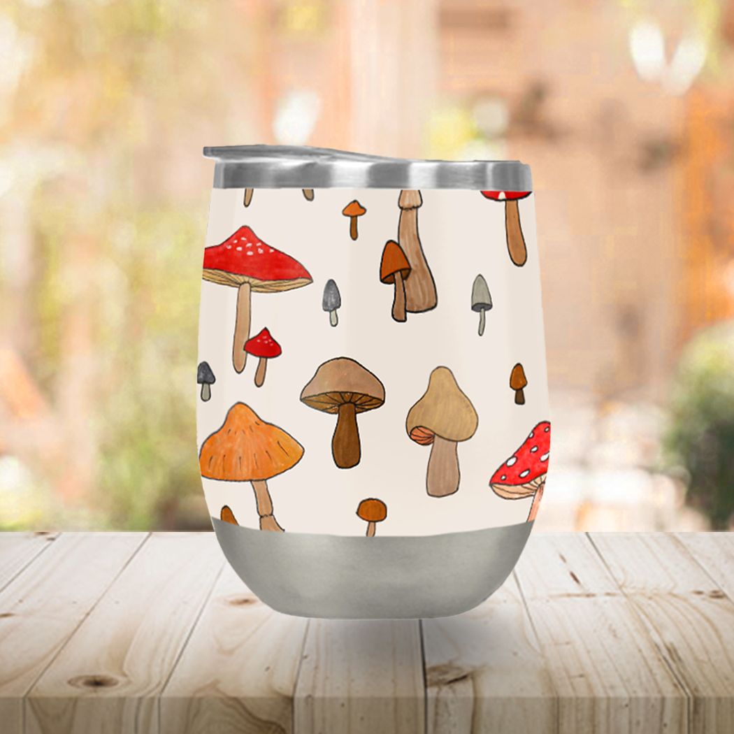 Mushroom Stemless Wine Tumbler made of stainless steel with a stylish design, perfect for outdoor use.