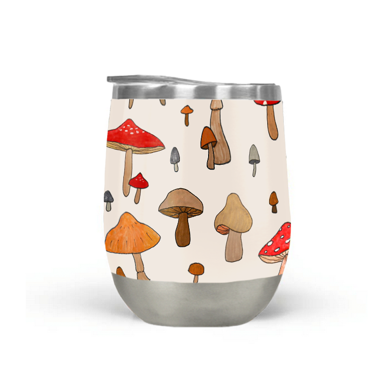 Mushroom Stemless Wine Tumbler made of stainless steel with a stylish design, perfect for outdoor use.