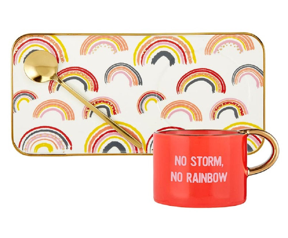 No Storm, No Rainbow Mug, Tray, and Spoon Set featuring a red ceramic mug with pink lettering, a rainbow motif tray, and a gold spoon.