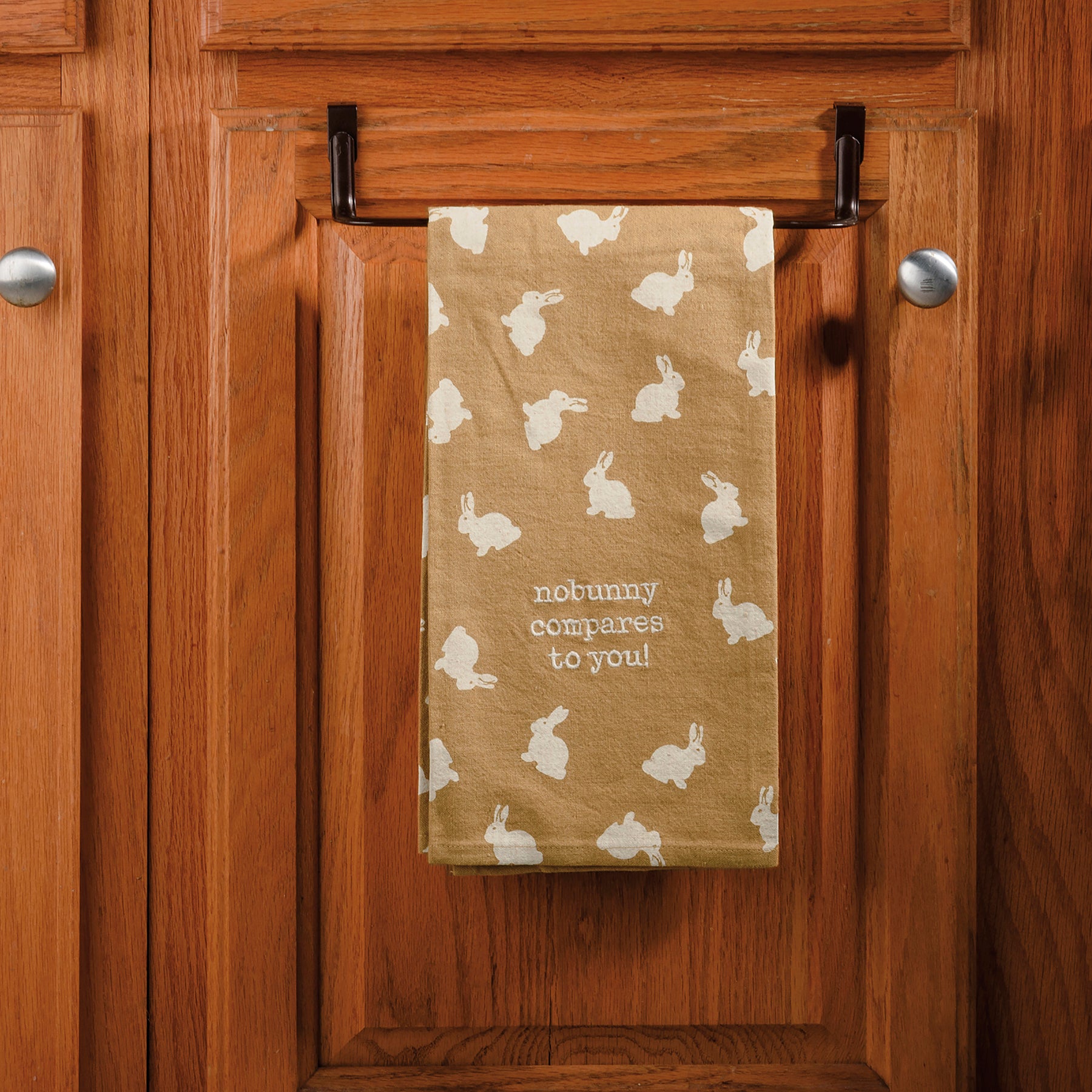 Nobunny Compares To You Dish Cloth Towel featuring a bunny pattern and embroidered text, made from cotton linen blend.