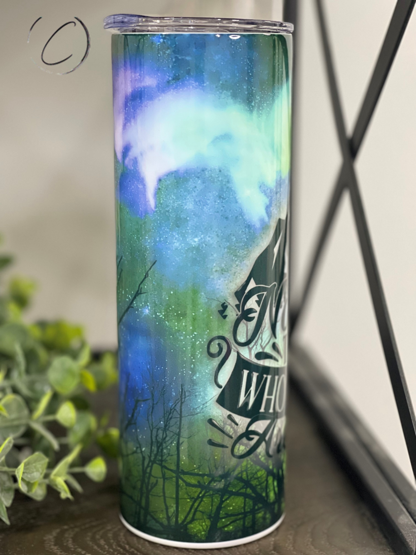 Not All Are Lost 20oz Skinny Tumbler with a unique full wrap design, featuring a reusable straw and durable construction.