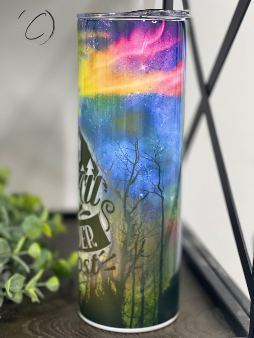 Not All Are Lost 20oz Skinny Tumbler with a unique full wrap design, featuring a reusable straw and durable construction.