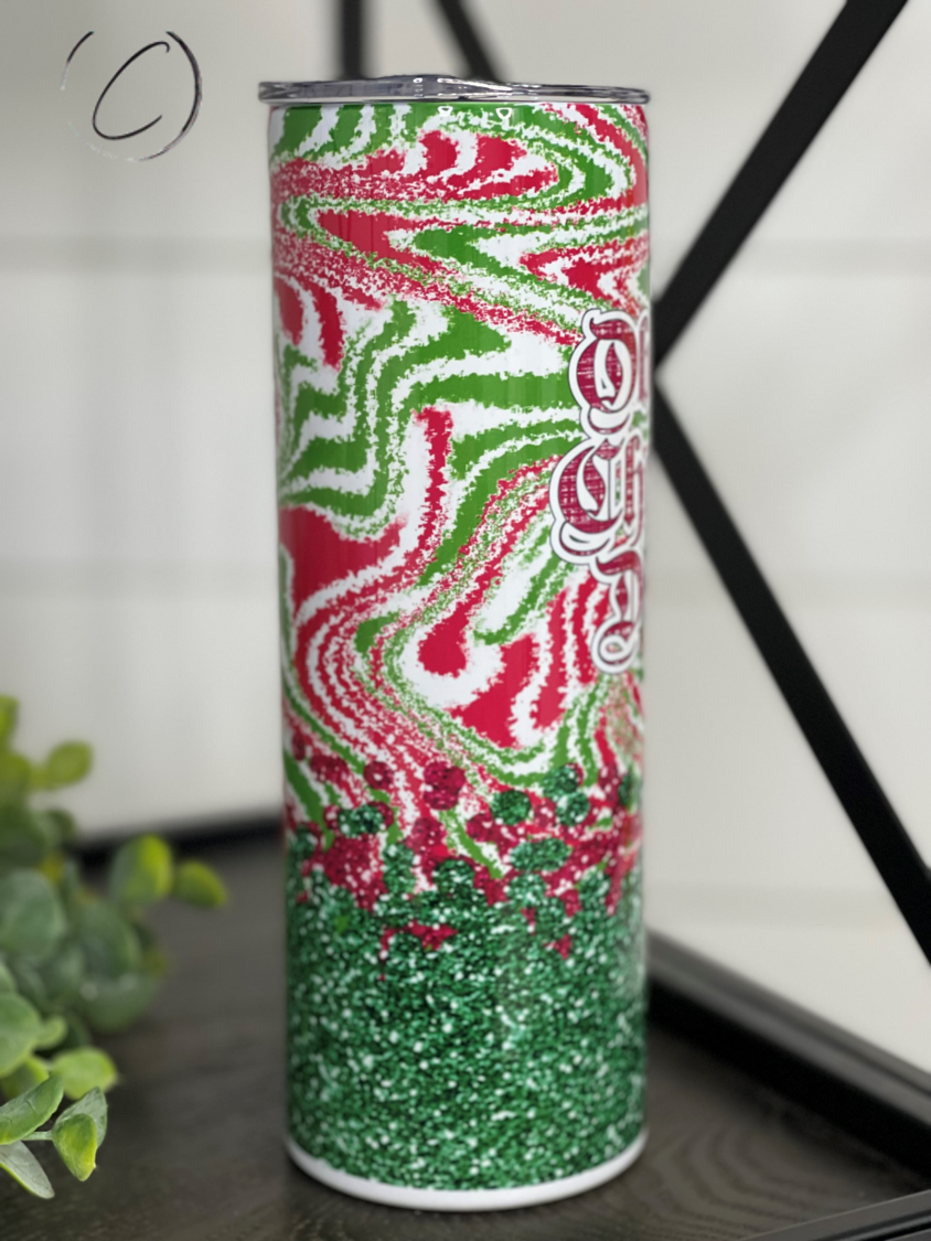 Obsessive Christmas Disorder 20oz Skinny Tumbler with festive design and reusable straw.