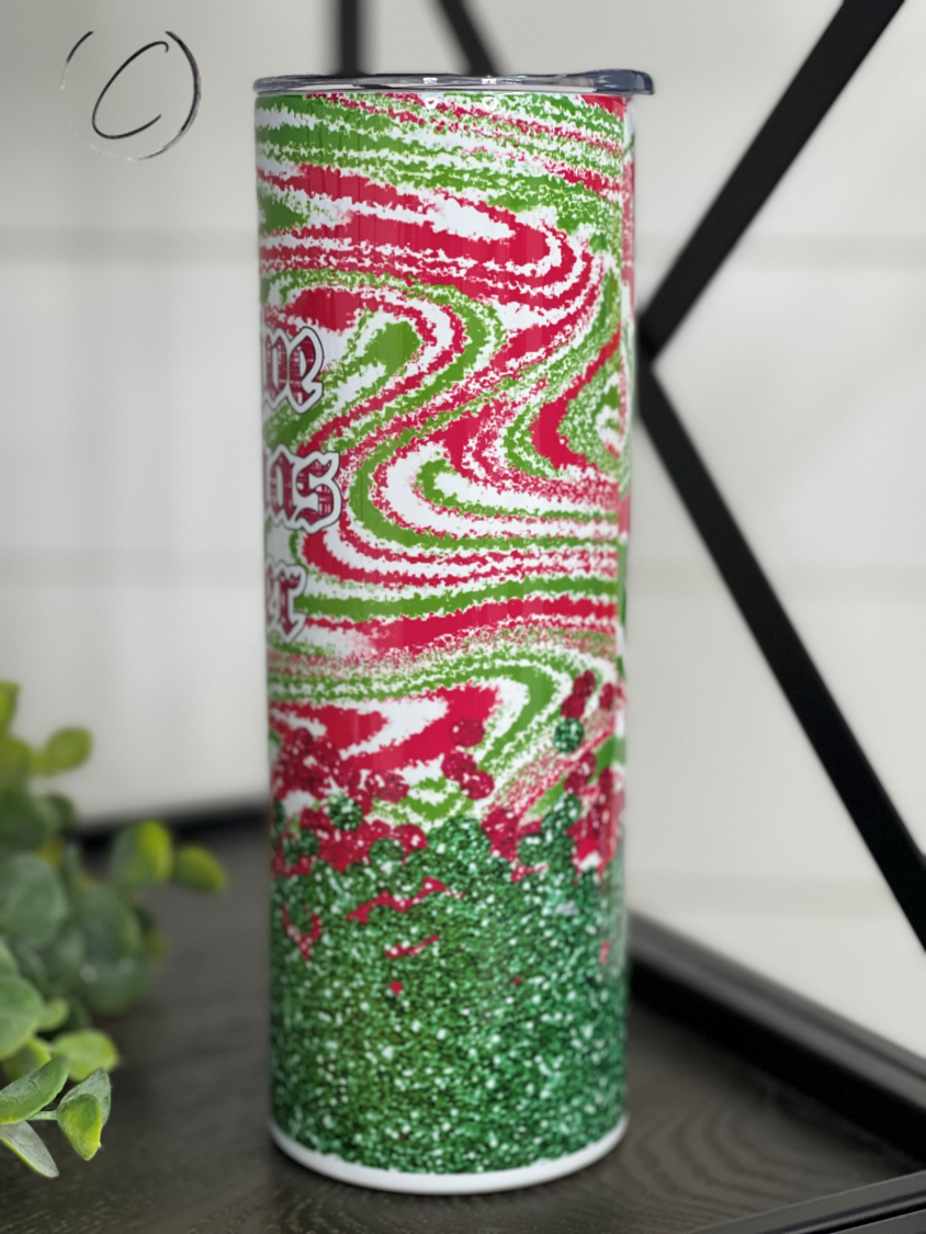 Obsessive Christmas Disorder 20oz Skinny Tumbler with festive design and reusable straw.