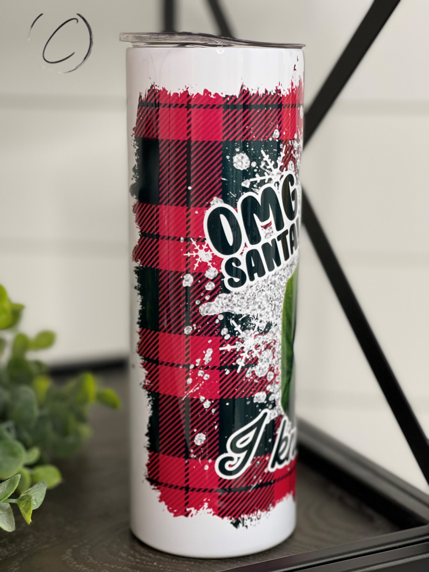 OMG Santa! 20oz Skinny Tumbler featuring a festive design, perfect for holiday drinks.