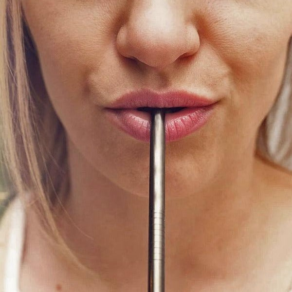 A colorful set of stainless steel straws with a cleaning tool and a drawstring bag, promoting eco-friendliness and humor.