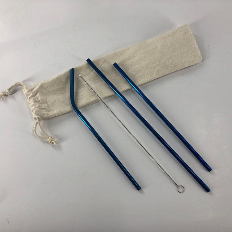 A colorful set of stainless steel straws with a cleaning tool and a drawstring bag, promoting eco-friendliness and humor.