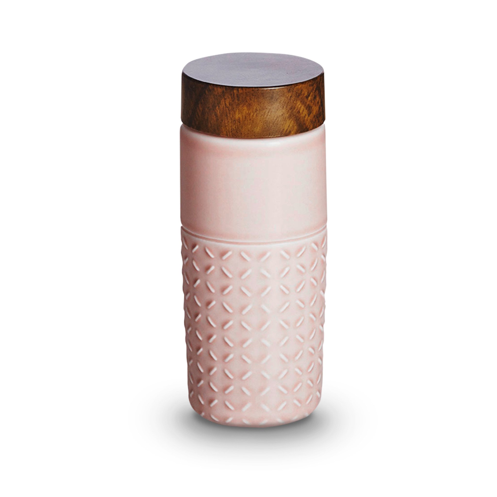 One-O-One Dreamy Starry Sky Ceramic Tumbler showcasing its embossed checkered design and walnut wood-effect lid in various trendy colors.