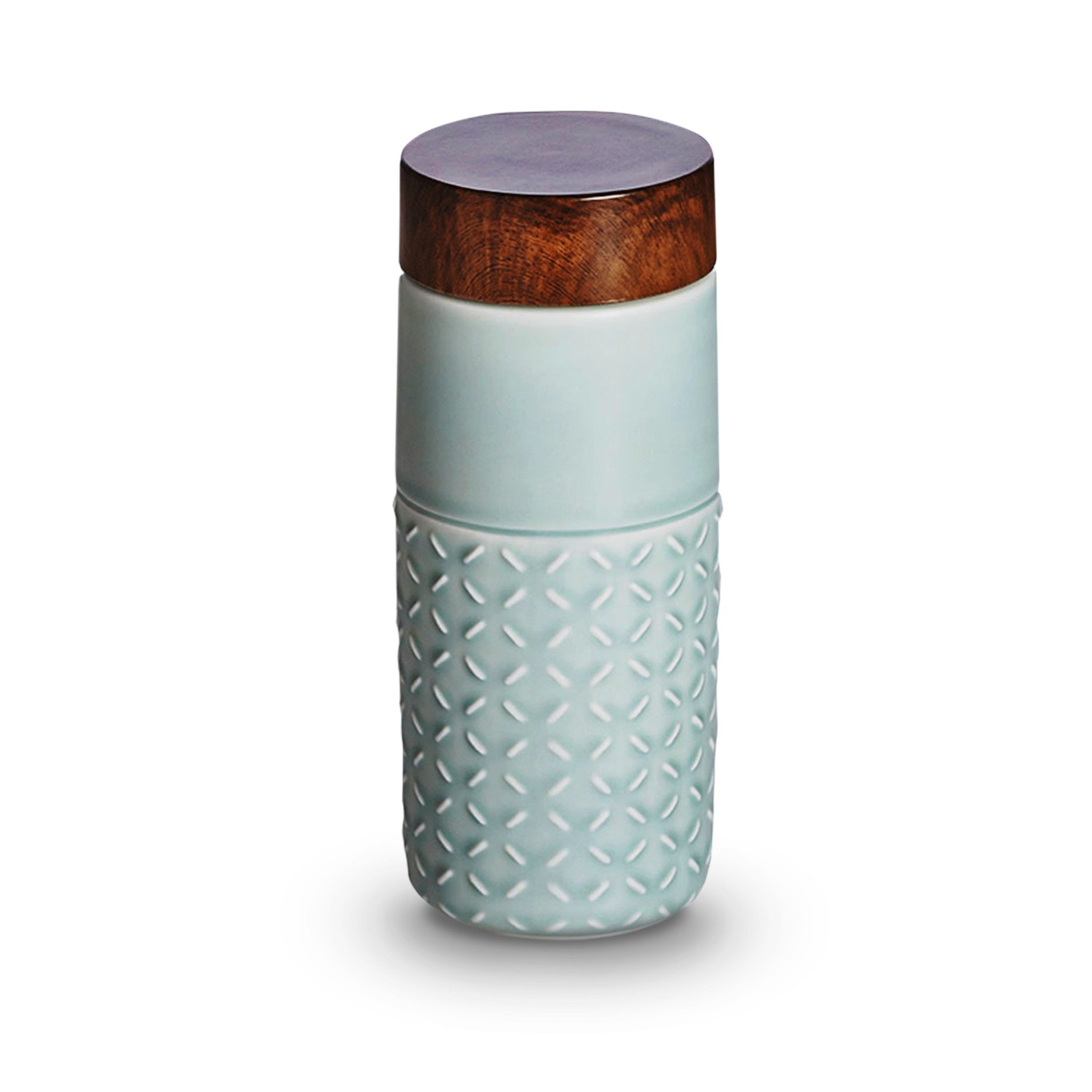 One-O-One Dreamy Starry Sky Ceramic Tumbler showcasing its embossed checkered design and walnut wood-effect lid in various trendy colors.