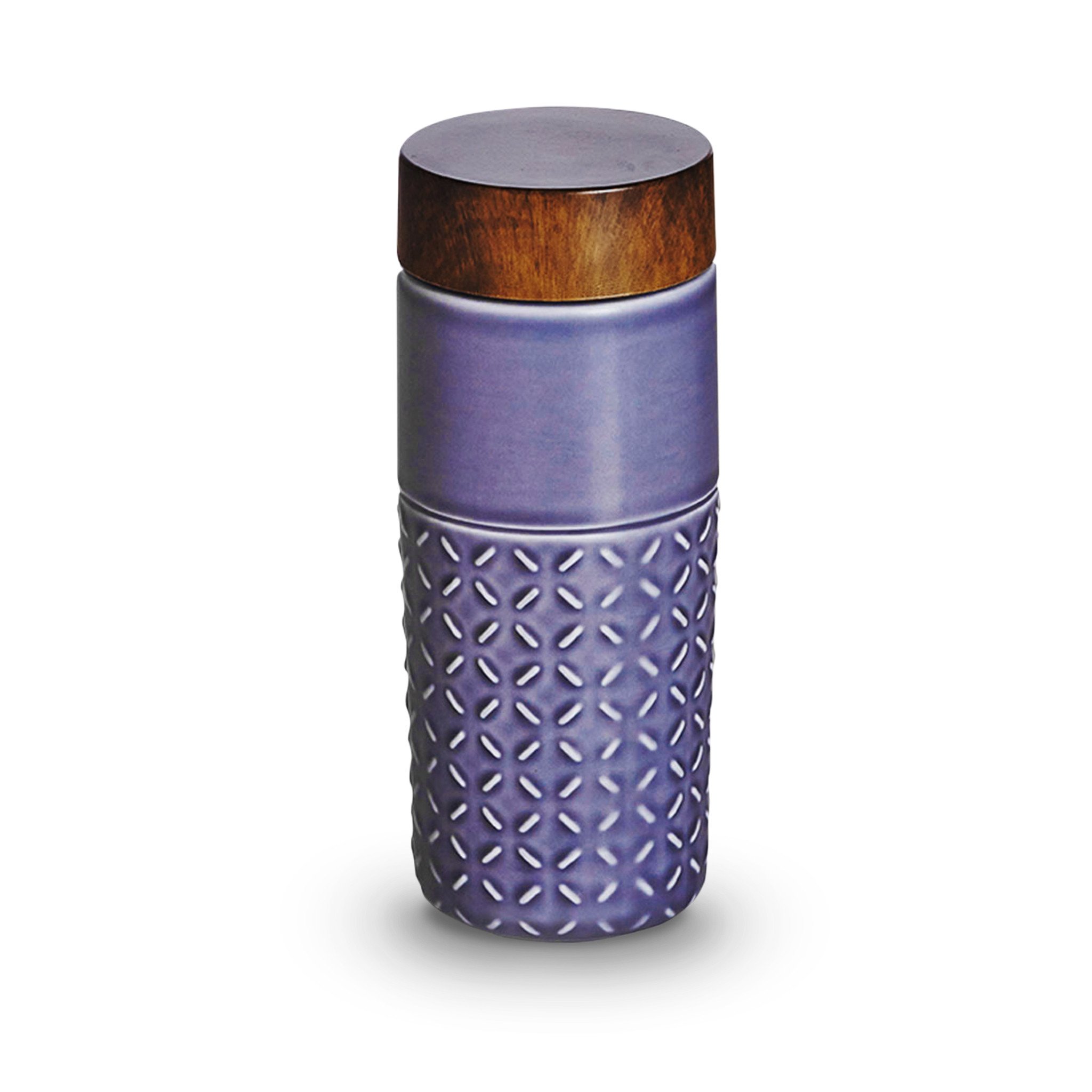 One-O-One Dreamy Starry Sky Ceramic Tumbler showcasing its embossed checkered design and walnut wood-effect lid in various trendy colors.