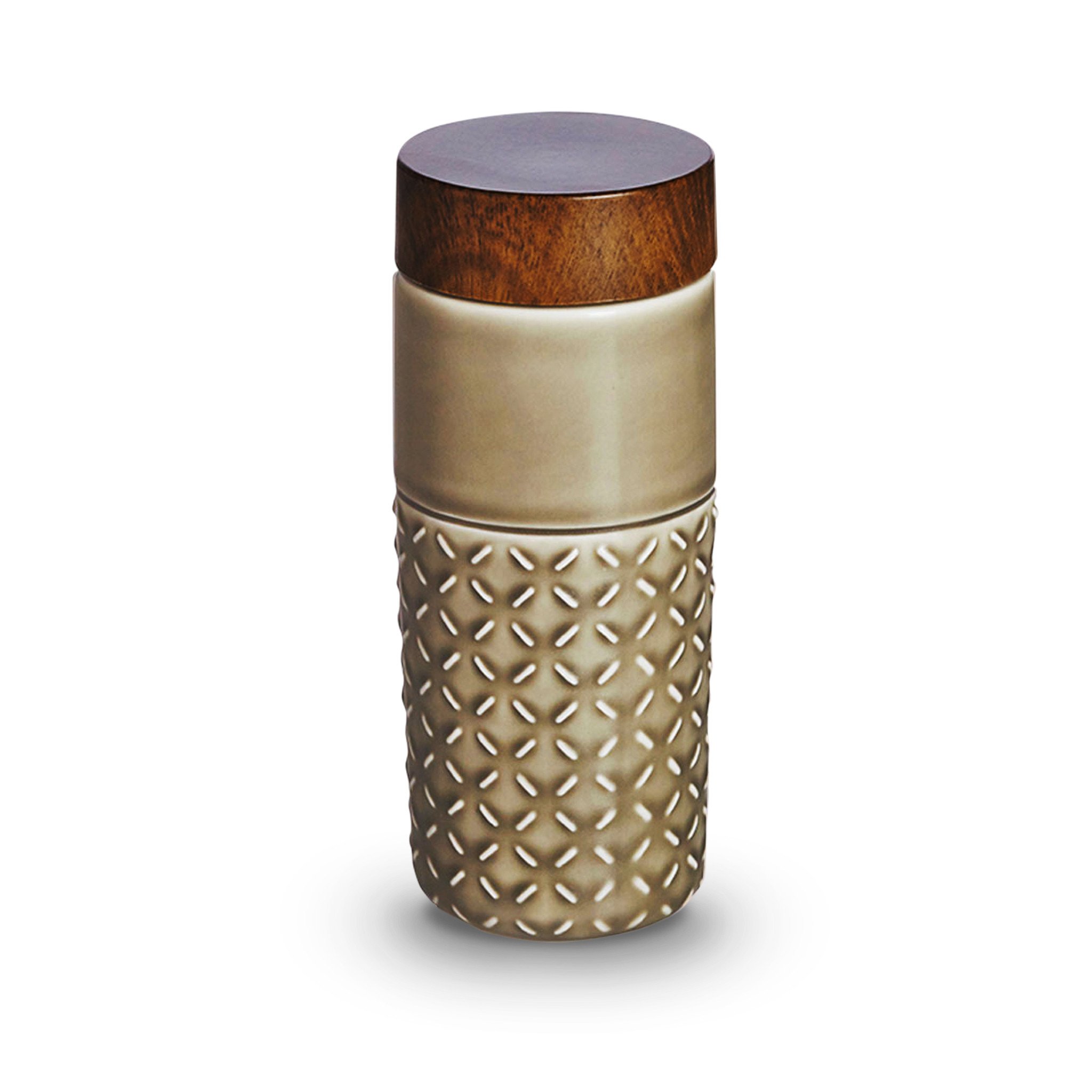 One-O-One Dreamy Starry Sky Ceramic Tumbler showcasing its embossed checkered design and walnut wood-effect lid in various trendy colors.