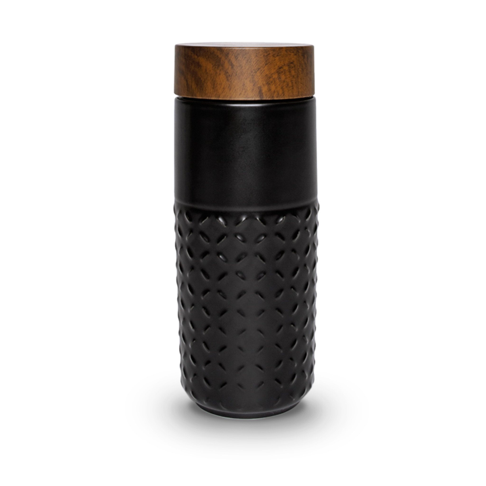 One-O-One Dreamy Starry Sky Ceramic Tumbler showcasing its embossed checkered design and walnut wood-effect lid in various trendy colors.