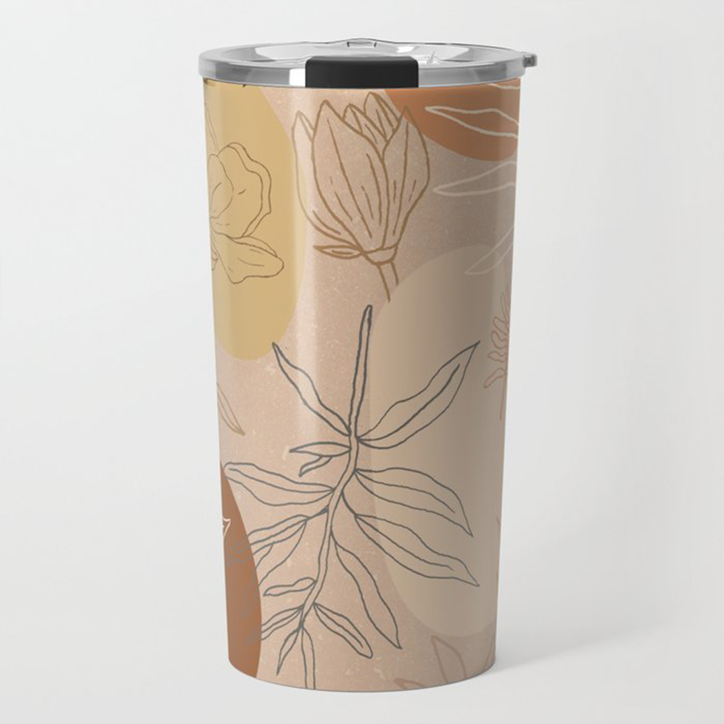 Orange Abstract Desert Travel Coffee Mug with double-wall insulation and vacuum sealed lid, showcasing vibrant desert artwork.