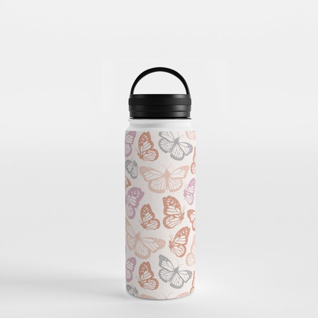 Orange and pink stainless steel water bottle with butterfly handle lid, showcasing a vibrant design and durable construction.