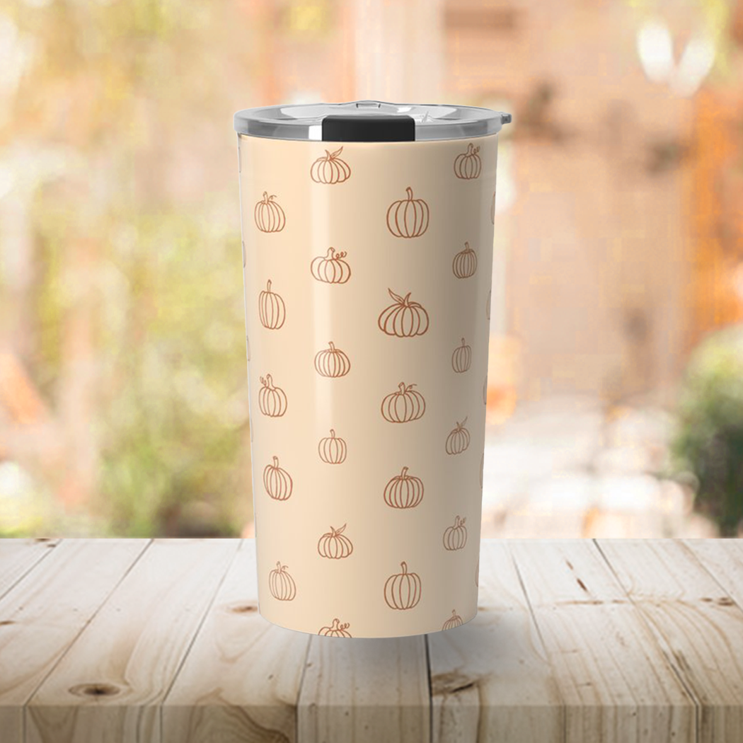 Orange Pumpkin Travel Mug with double-wall insulation and vibrant pumpkin design, perfect for hot or cold beverages.