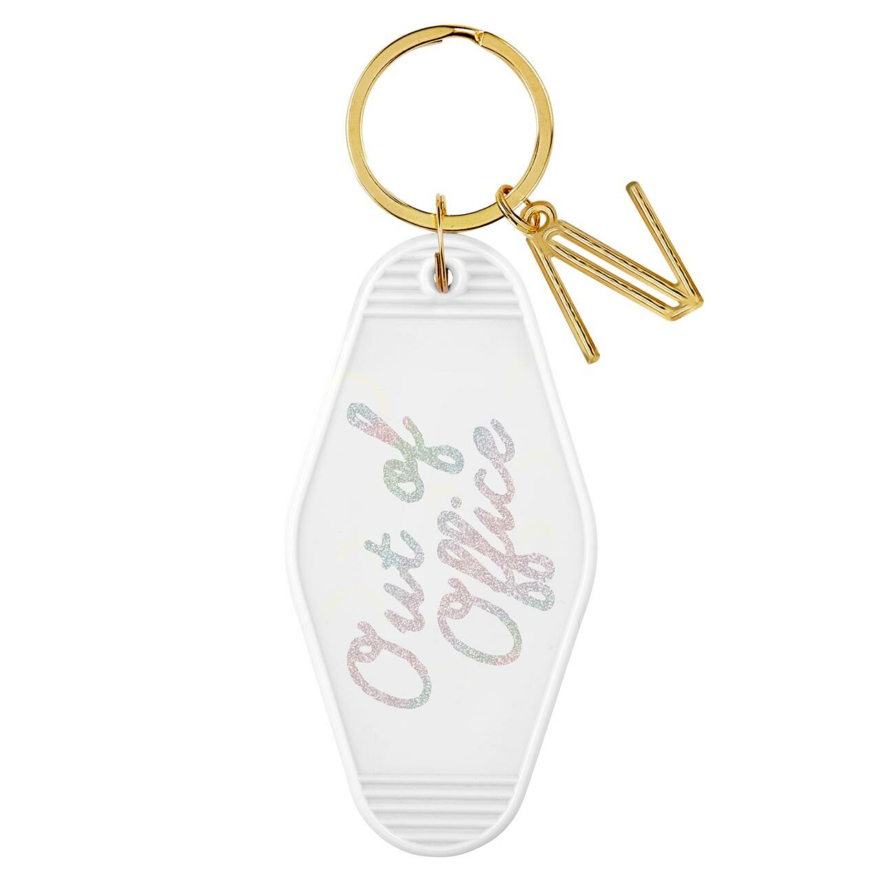 Colorful Out Of Office Motel Key Tag featuring silver glitter lettering and a gold metal ring, designed in a vintage motel style.