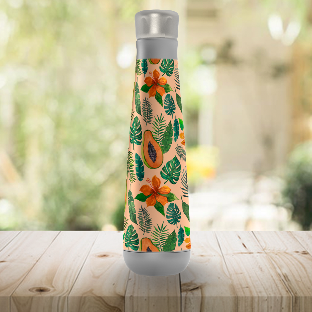 Papaya Peristyle Water Bottle in stainless steel with a screw-on lid, showcasing its sleek design and vacuum insulation features.