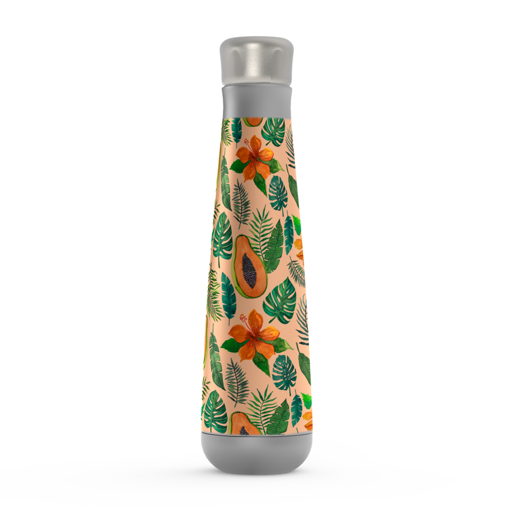 Papaya Peristyle Water Bottle in stainless steel with a screw-on lid, showcasing its sleek design and vacuum insulation features.