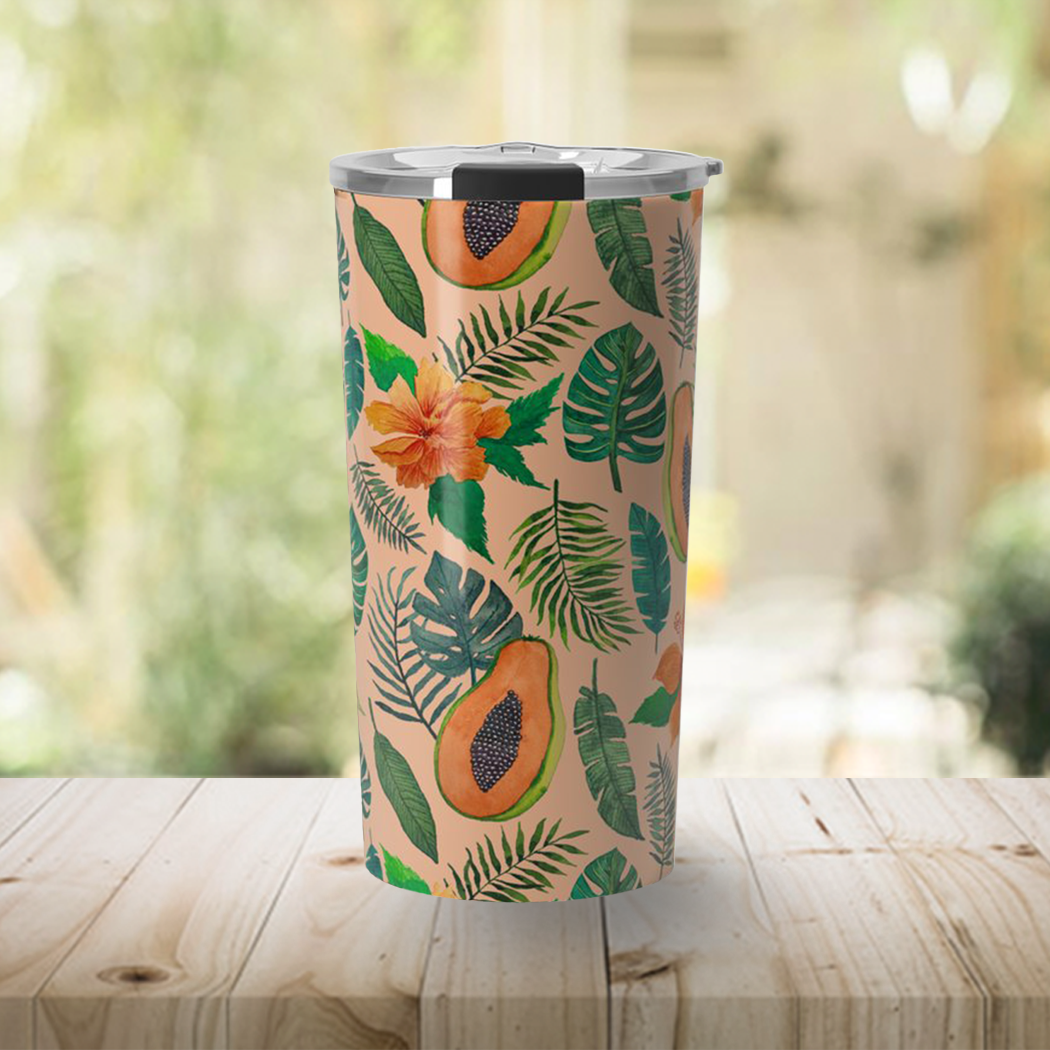 A stylish Papaya Travel Mug made of stainless steel with vibrant wraparound artwork, designed for hot and cold beverages.