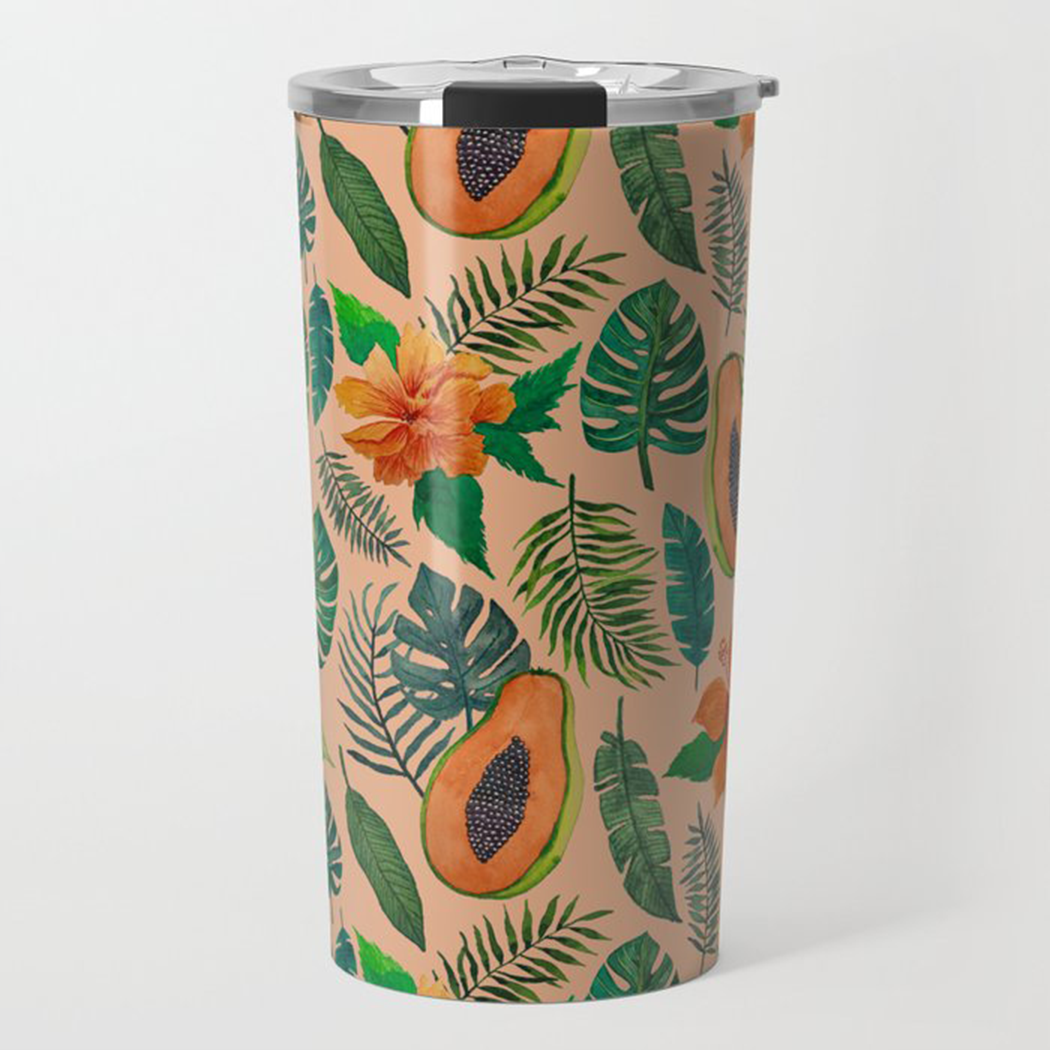 A stylish Papaya Travel Mug made of stainless steel with vibrant wraparound artwork, designed for hot and cold beverages.