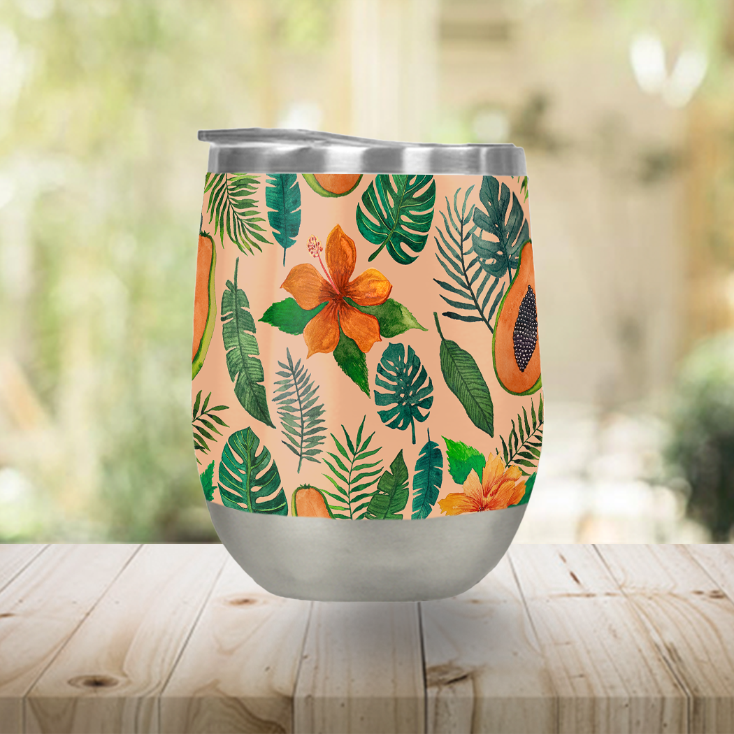 Colorful Papaya Wine Tumbler made of stainless steel with a lid, perfect for outdoor use.