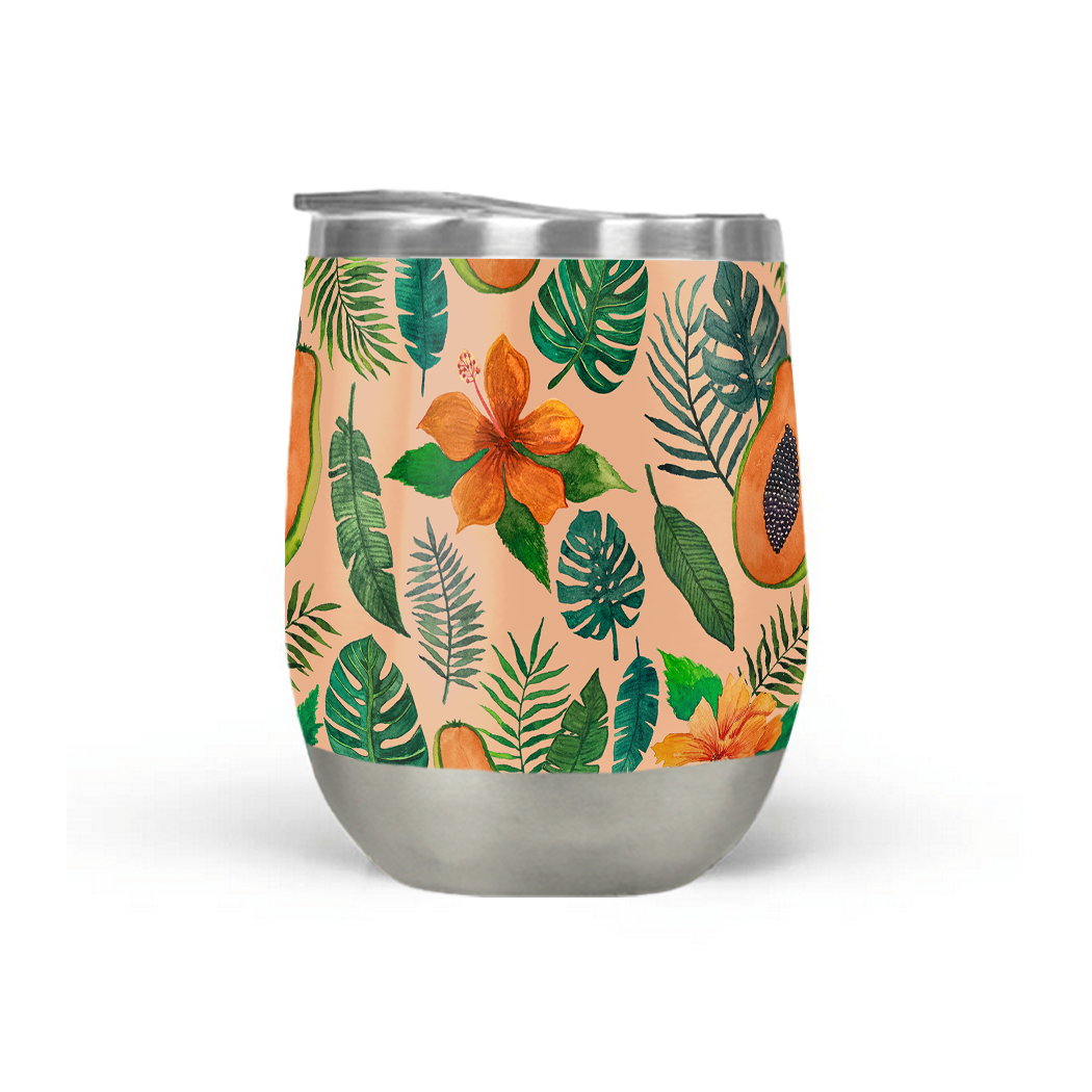 Colorful Papaya Wine Tumbler made of stainless steel with a lid, perfect for outdoor use.