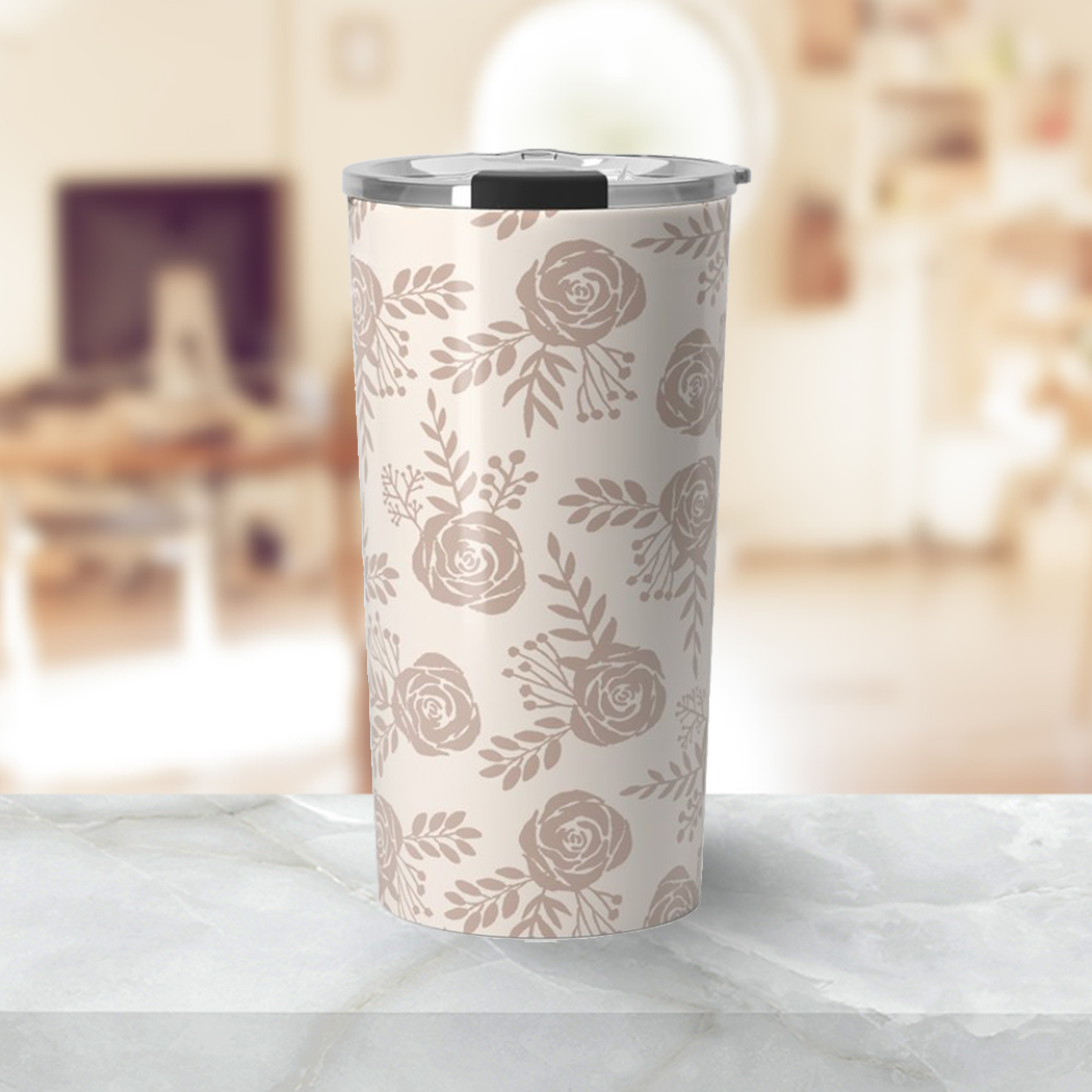 Pastel Floral Travel Coffee Mug featuring a beautiful floral design, made of lightweight stainless steel with a vacuum-sealed lid.