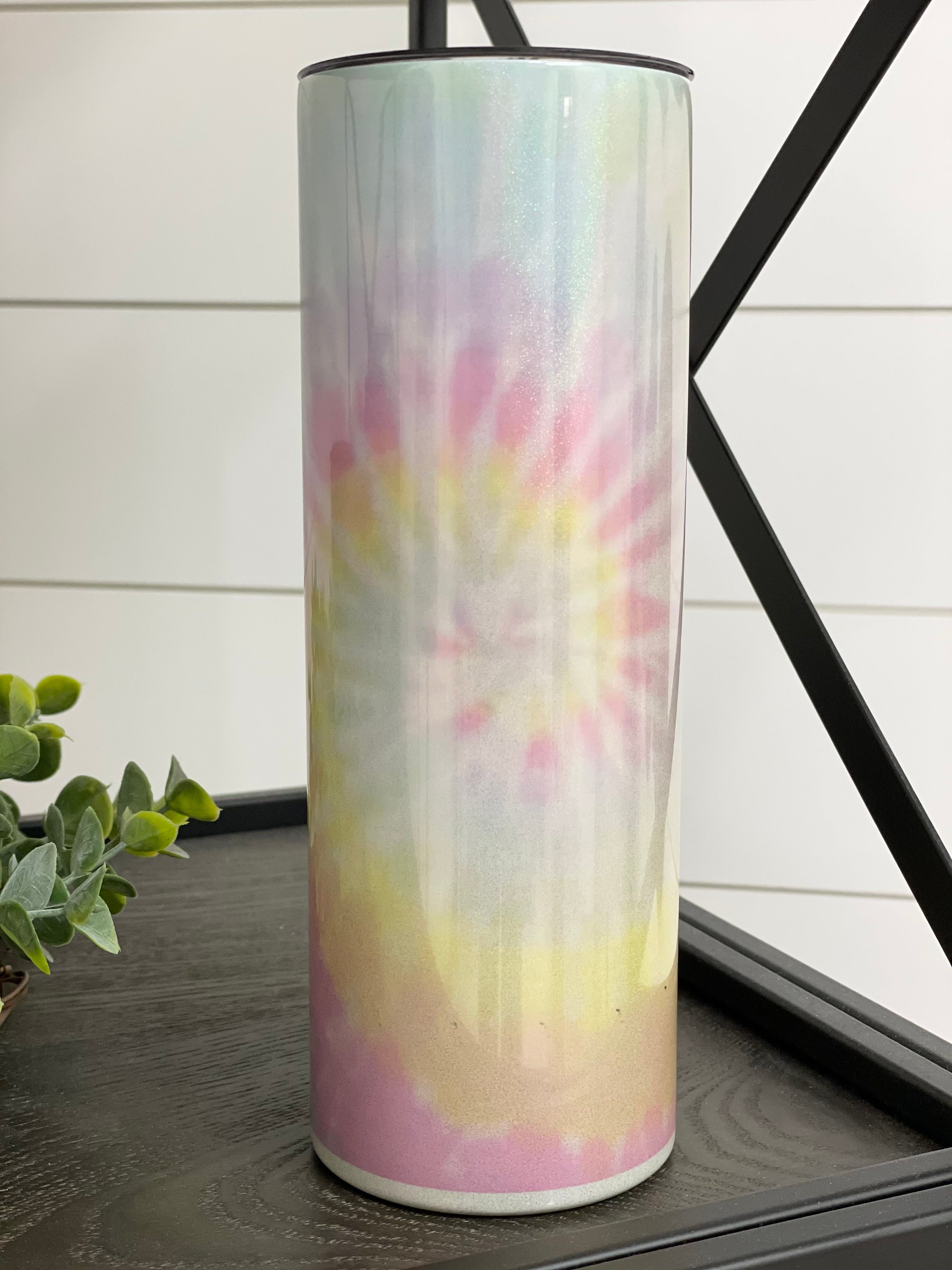 Pastel Tie Dye 20oz Shimmer Skinny Tumbler with vibrant colors and reusable straw, showcasing a unique design.