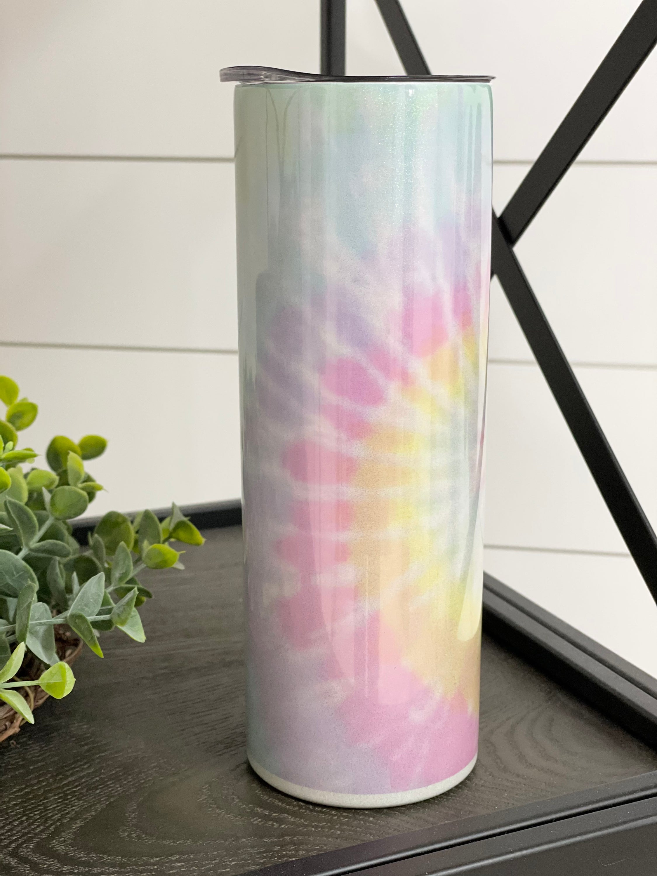 Pastel Tie Dye 20oz Shimmer Skinny Tumbler with vibrant colors and reusable straw, showcasing a unique design.