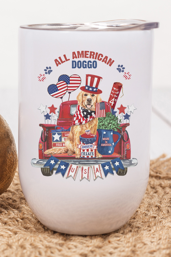 Patriotic All American Doggo Wine Cup Tumbler featuring red, white, and blue design with a lid and straw.