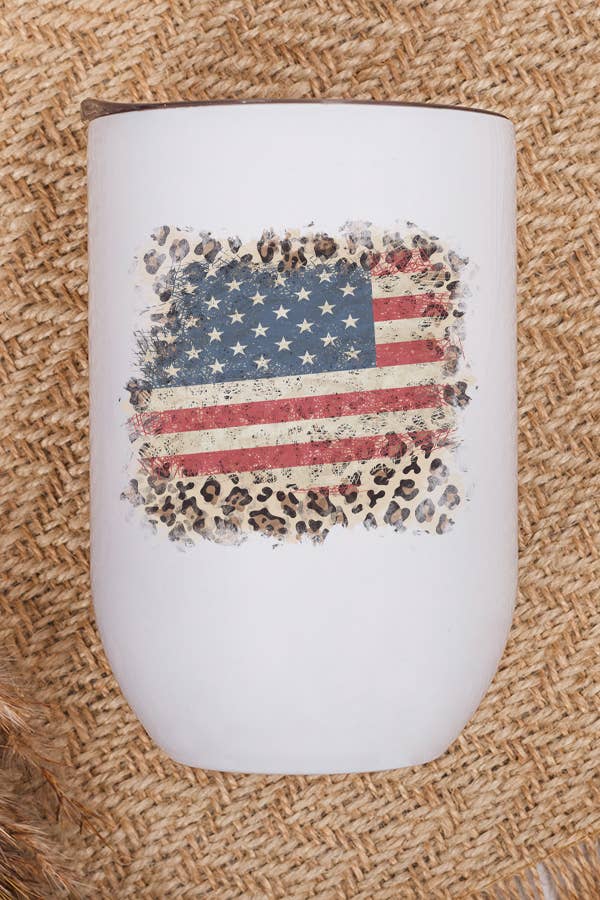 Patriotic America USA Flag Leopard Border Wine Cup Tumbler with lid and straw, showcasing vibrant red, white, and blue colors.