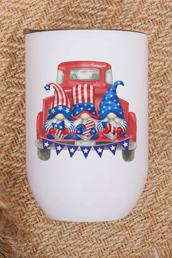 Patriotic America USA Gnome Red Truck Wine Cup Tumbler with vibrant red, white, and blue design, featuring a gnome and truck.