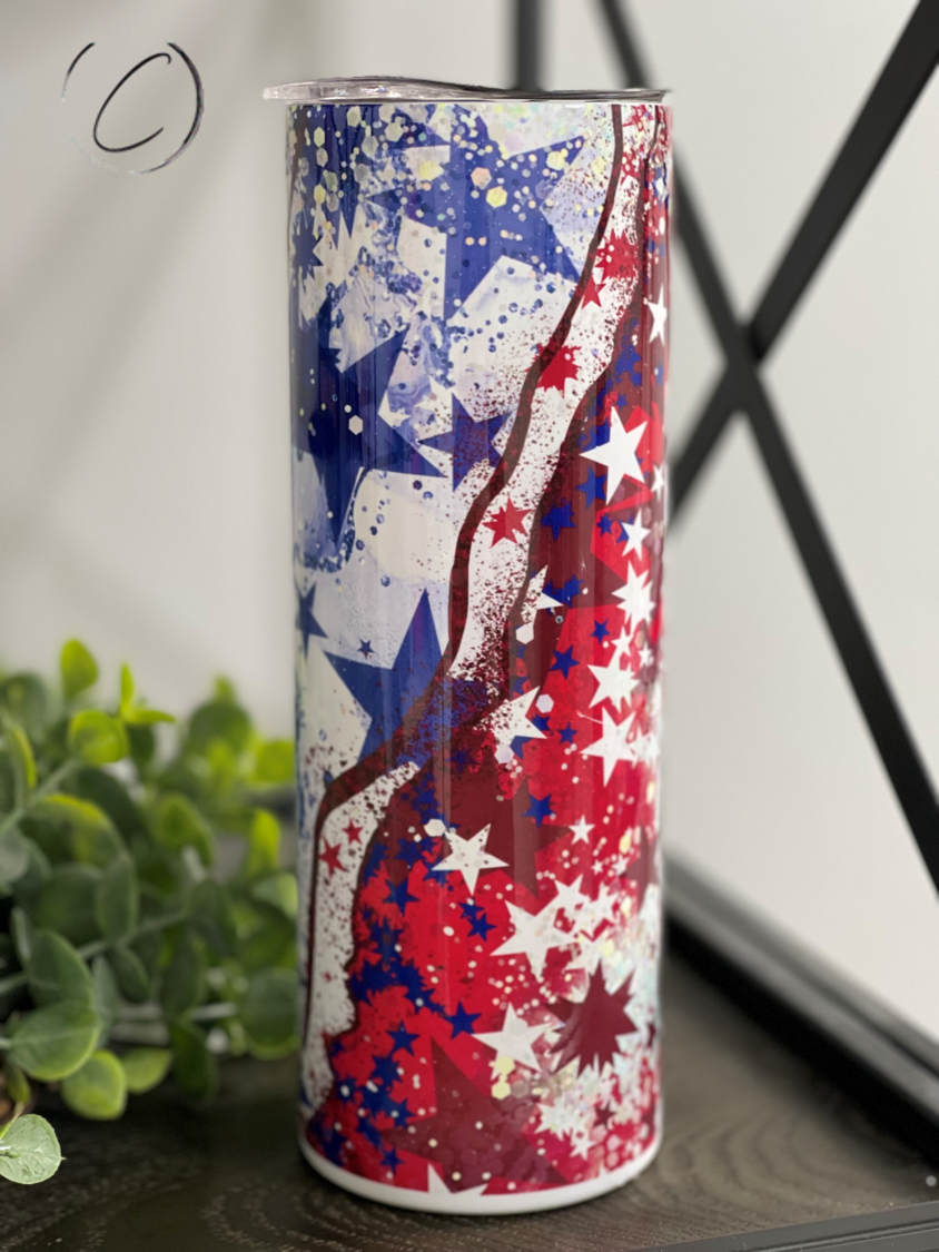 Patriotic Geode 20oz Skinny Tumbler with vibrant geode design, reusable straw included.