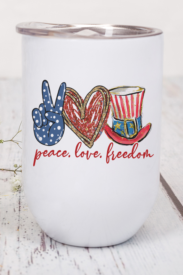 Patriotic Peace Love Freedom Hat Wine Cup Tumbler in red, white, and blue with a lid and straw, showcasing a stylish design.