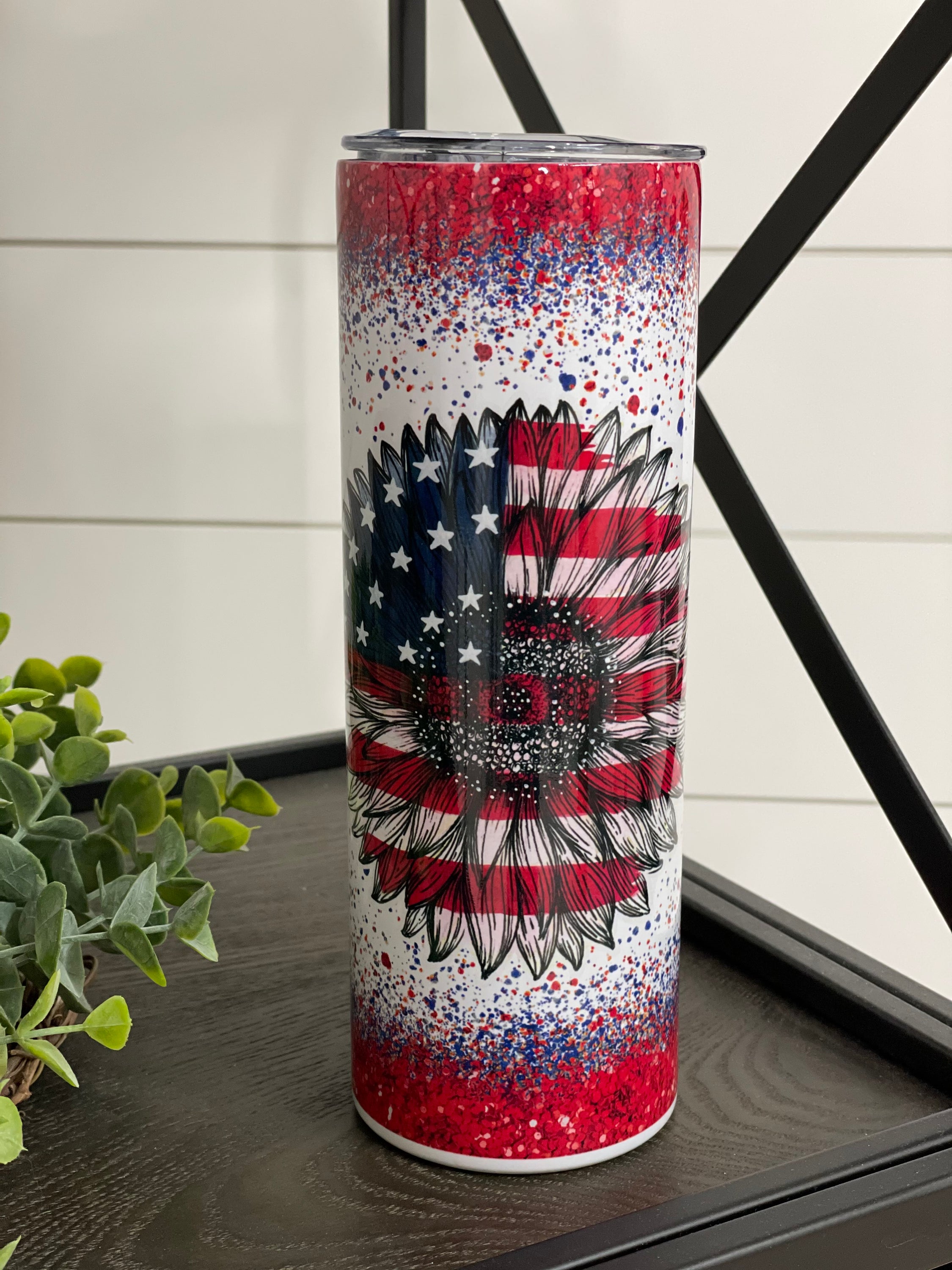 Patriotic Sunflower 20oz Skinny Tumbler with vibrant sunflower design and reusable straw.