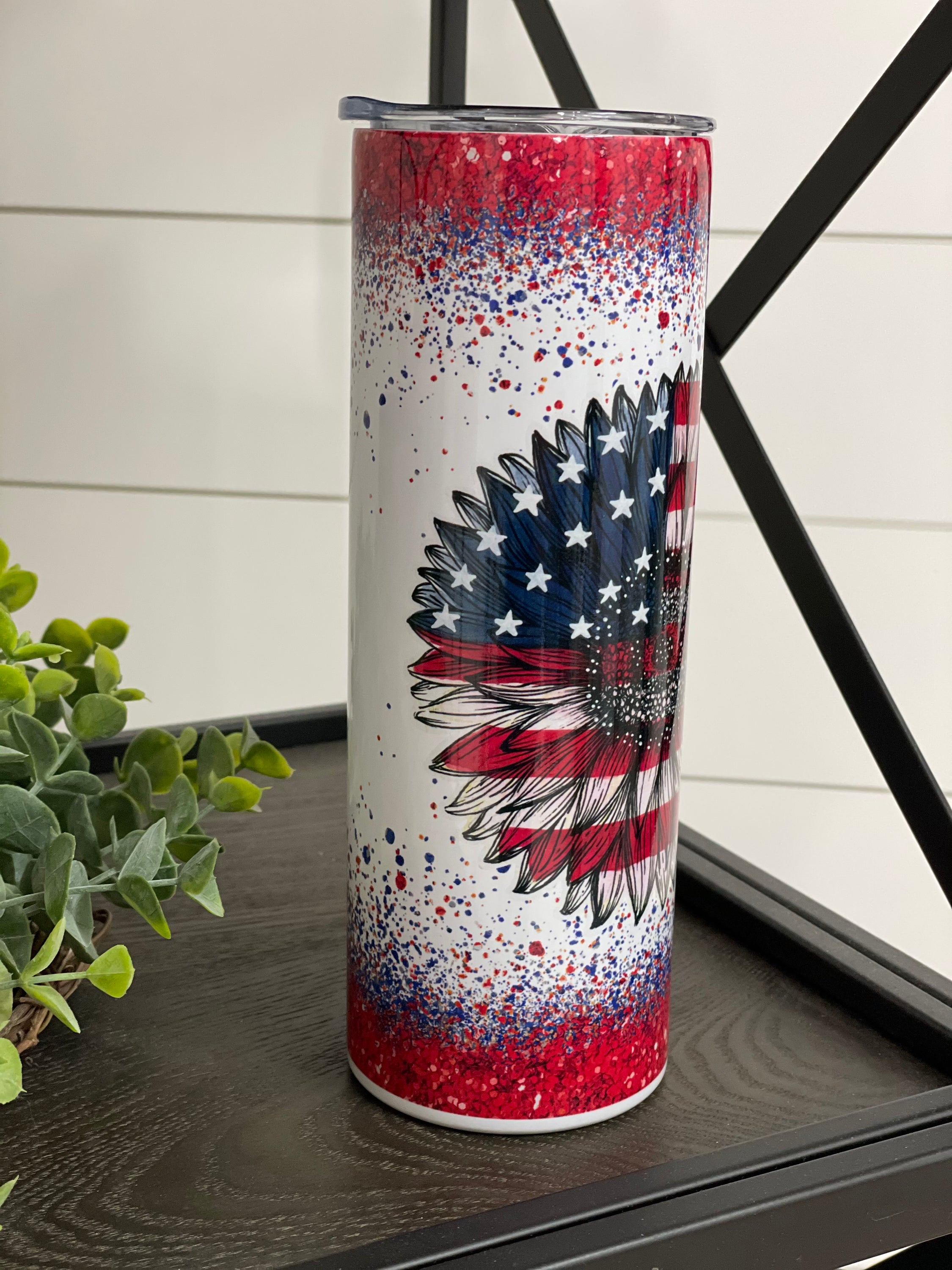 Patriotic Sunflower 20oz Skinny Tumbler with vibrant sunflower design and reusable straw.