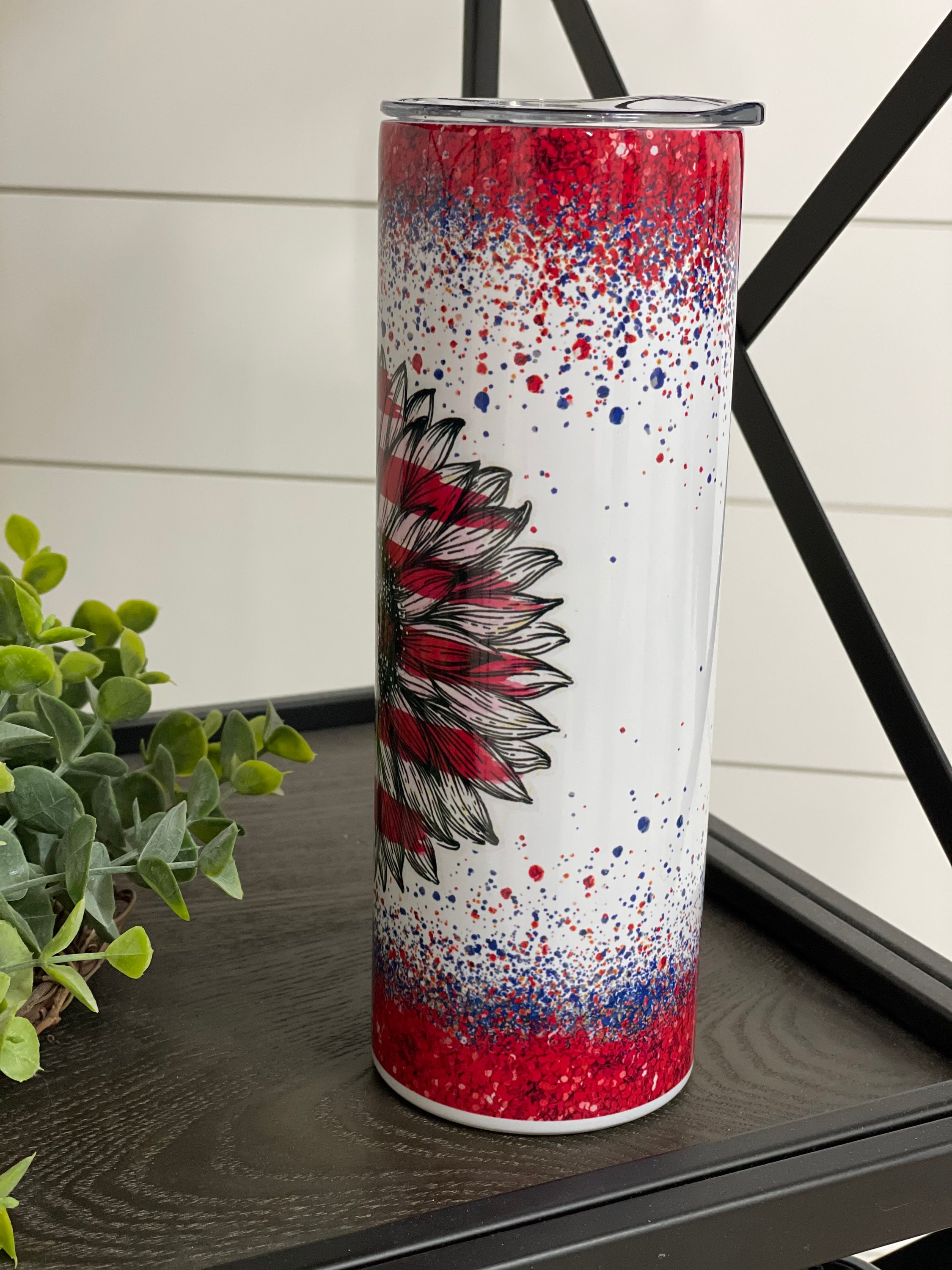 Patriotic Sunflower 20oz Skinny Tumbler with vibrant sunflower design and reusable straw.