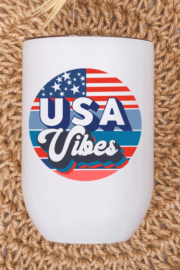 Patriotic USA Vibes Circle Wine Cup Tumbler featuring red, white, and blue design, stainless steel material, and included lid and straw.