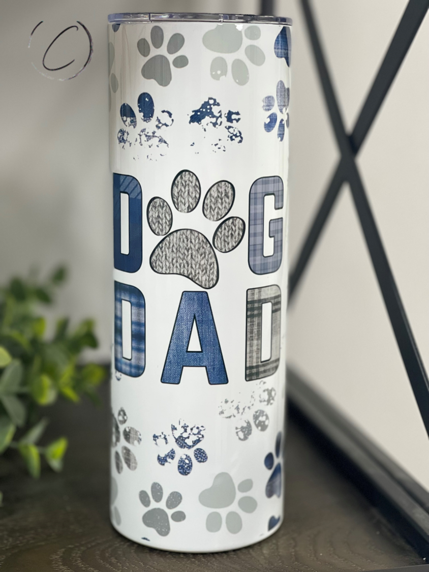 Paw Print Dog Dad 20oz Skinny Tumbler featuring a vibrant paw print design, perfect for dog lovers.