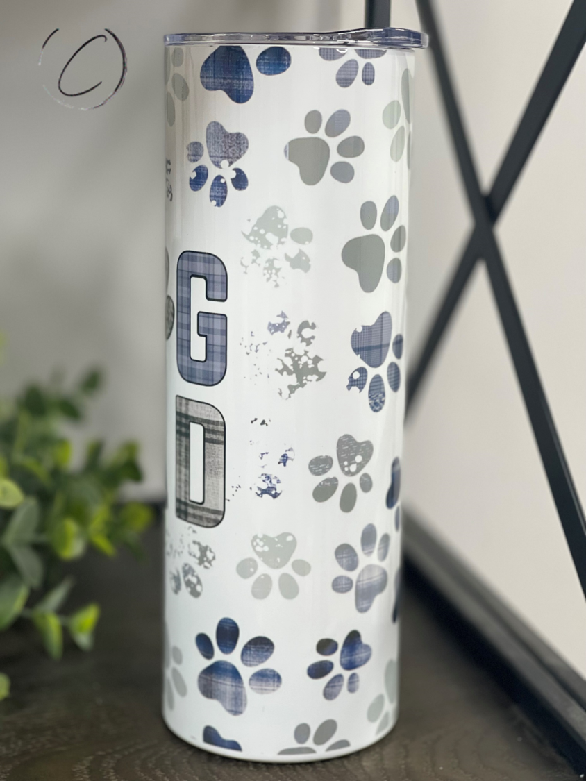 Paw Print Dog Dad 20oz Skinny Tumbler featuring a vibrant paw print design, perfect for dog lovers.